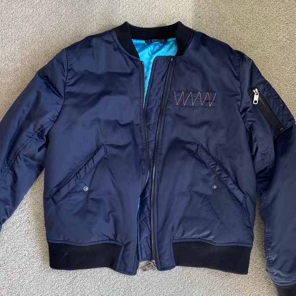 Navy Blue Embroidery Bomber Jacket with Blue Silk Lining - Picture 5 of 9